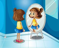 Gelukkig meisje dat de spiegel in badkamers bekijkt vector