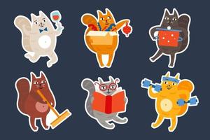 grappige huiskat kitty kitten doen verschillende dingen koken lezen schoonmaken vieren beoefenen van sport set cliparts illustraties stickervel geïsoleerd op achtergrond vector