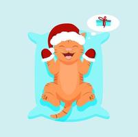 schattige kerst baby tijger in kerstmuts op een blauw kussen. platte vectorillustratie. vector