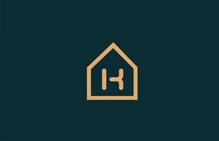 gele k alfabet letter logo icoon voor bedrijf en bedrijf met huis contour ontwerp vector