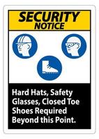 veiligheidswaarschuwingsbord veiligheidshelmen, veiligheidsbrillen, schoenen met gesloten neus vereist voorbij dit punt vector