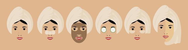 jong europees meisje gewikkeld in een handdoek op haar hoofd met verschillende soorten cosmetische maskers op haar gezicht. set van zes platte vectorvoorraadillustraties voor gezichtsverzorging cosmetologie. vector