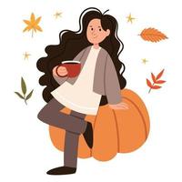 het meisje met krullend haar zit op een grote pompoen en drinkt cacao. herfst stemming. Scandinavische stijl. vector