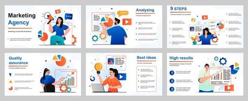 marketingconcept voor presentatiediasjabloon. marketeers en analisten werken bij een bureau, maken advertentiecampagnes, analyseren gegevens, verhogen de bedrijfsinkomsten. vectorillustratie voor lay-outontwerp vector