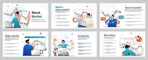 beursconcept voor presentatiesjabloon. mensen houden zich bezig met handel, analyse van financiële gegevensgrafieken, kopen en verkopen, investeringsgeld. vectorillustratie voor lay-outontwerp vector