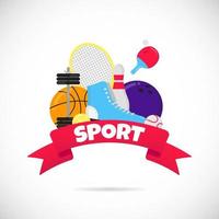 sport gaming compositie met ballen - tennis, bowlen, basketbal. schaatsen schoenen en ping pong racket, puck enz... sportuitrusting vlakke stijl ontwerp vectorillustratie geïsoleerd op wit. vector