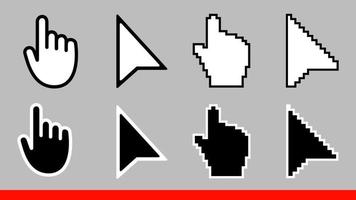 8 zwart-wit pijl pixel en geen pixel muis hand cursors pictogram vectorillustratie instellen vlakke stijl ontwerp geïsoleerd op een witte achtergrond. vector