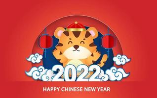chinees nieuwjaar 2022 jaar van de tijger wenskaart in papier gesneden stijl vector