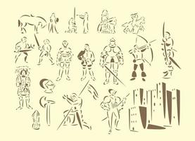 lijntekeningen vectorillustraties van middeleeuwse ridders vector