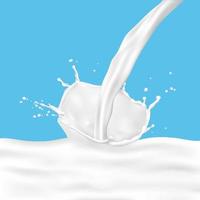 realistische gietende melk met melkplons op blauwe achtergrond vector