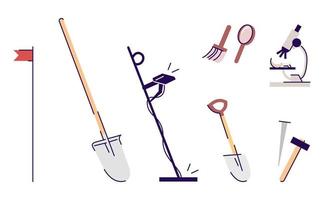 archeoloog tools platte vector illustraties set