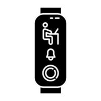 fitness-tracker met werkende man op het glyph-pictogram. wellness-apparaat, gadgetbewaking werkuren met melding. silhouet symbool. negatieve ruimte. vector geïsoleerde illustratie