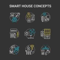 slimme huis krijt concept pictogrammen instellen. innovatieve technologie voor appartementen idee. rookmelders. klimaatcontrole. domotica. robots en technologie. vector geïsoleerde schoolbordillustratie