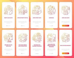 zwangerschapsverlof gerelateerde rode gradiënt onboarding mobiele app pagina scherm set vector