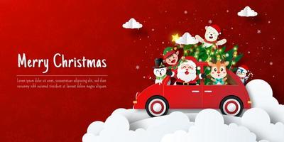 kerstkaartbanner van de kerstman en vrienden op kerstauto vector