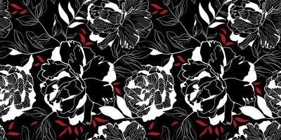 witte en rode lineaire pioen zwarte naadloze bloemmotief. botanisch schetsdecor voor textiel en behang met roze achtergrond vector