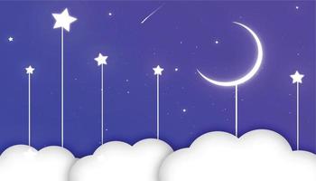 blauwe lucht met wolken en glanzende sterren en maan vectorillustratie, eenvoudige nachtelijke hemelillustratie vector
