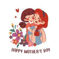 gelukkig moeder dag vlak vector illustratie Aan wit achtergrond. schattig weinig dochter en mam glimlachen en knuffelen. familie tijd wezen samen met bloemen decoratie