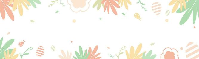 gelukkig Pasen banier Aan wit achtergrond versierd met kleurrijk bloemen en bladeren vlak vector illustratie. horizontaal pastel achtergrond ontwerp voor website in voorjaar thema.