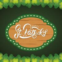 happy saint patricks day belettering in houten frame en klaverblaadjes vector