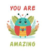 schattig insect kever met belettering u zijn geweldig, tekenfilm karakter vector illustratie.