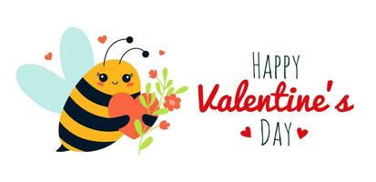 schattig insect bij met hart voor Valentijn dag, tekenfilm karakter vector illustratie