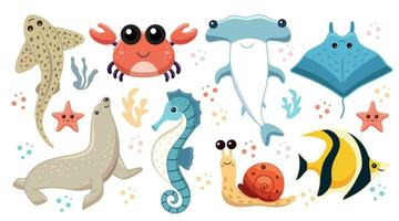 schattig zee dieren, reeks van illustraties met aquatisch inwoners van de oceaan, luipaard haai en krab, hamerhaai haai en pijlstaartrog, zee leeuw en zeepaardje, slak en geel vis vector