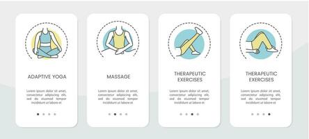 ontwerp van de fysiotherapie toepassing met illustraties van opdrachten en massage. vector lineair pictogrammen