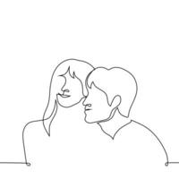 Mens en vrouw glimlach samen en houding of koesteren Aan elk die van anderen gezichten, ze zijn gelukkig samen - een lijn tekening vector. concept gelukkig heterosexual stel, Mens en vrouw onderling in liefde vector