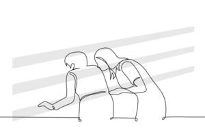 Mens en vrouw leunend over- schappen in op te slaan - een lijn tekening vector. aankoop onderhandeling concept vector