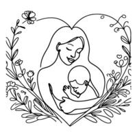 Internationale vrouwen dag kaart, vrouw Holding haar kind in hart met doorlopend een zwart schets lijn tekening gelukkig moeders dag banier tekening stijl vector illustratie