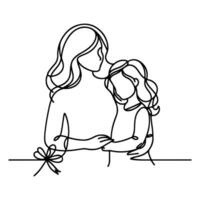 Internationale vrouwen dag kaart, vrouw Holding haar kind in hart met doorlopend een zwart schets lijn tekening gelukkig moeders dag banier tekening stijl vector illustratie