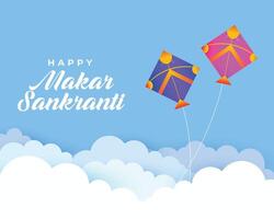 makar sankranti kaart met wolken en vliegend vliegers vector