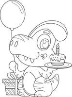 geschetst grappig dinosaurus tekenfilm karakter vervelend een partij hoed en Holding een verjaardag taart vector