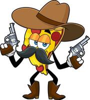 cowboy pizza plak tekenfilm karakter met twee geweren. vector hand- getrokken illustratie