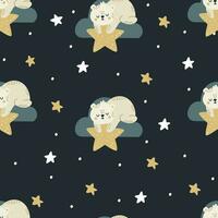 naadloos vector patroon. schattig beer slapen Aan een wolk en Holding een ster. maan en sterren, nacht lucht