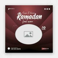 speciaal Ramadan kareem iftar datum vallen sociaal media Hoes ontwerp, heerlijk Ramadan voedsel menu post sjabloon, korting bieden, restaurant web banier, abstract rood kleurrijk vorm helling achtergrond vector
