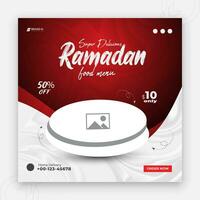 speciaal Ramadan kareem iftar datum vallen sociaal media Hoes ontwerp, heerlijk Ramadan voedsel menu post sjabloon, korting bieden, restaurant web banier, abstract rood kleurrijk vorm helling achtergrond vector