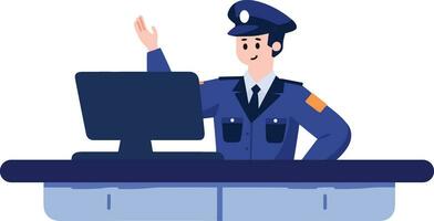 Politie officier met laptop in vlak stijl geïsoleerd Aan achtergrond vector