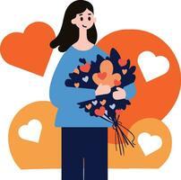 een vrouw Holding boeket van bloemen in vlak stijl geïsoleerd Aan achtergrond vector