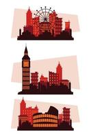 bundel van drie steden skylines silhouetten scènes vector
