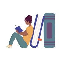 afro vrouw leest boek zittend in boeken, boekdagviering vector