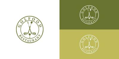 restaurant golf bar wijnoogst met bal en vork logo ontwerp gepresenteerd met meerdere achtergrond kleuren. de logo is ook geschikt voor een golf restaurant logo ontwerp inspiratie sjabloon vector