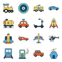 pakket van transport en voertuigen plat pictogrammen vector