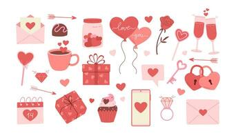 gelukkig Valentijnsdag dag vector illustratie set. decoratief elementen voor uitnodiging, groet kaart, ansichtkaart. harten, envelop, ballon, snoepgoed, drankje, geschenk doos, bericht, hangslot en sleutel pictogrammen