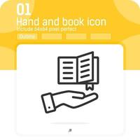 hand- en boekpictogram met kaderstijl geïsoleerd op een witte achtergrond. vectorillustratie dunne lijn boekpictogram voor webdesign, ui, ux, onderwijs, applicaties, bibliotheek, mobiele apps en alle projecten vector