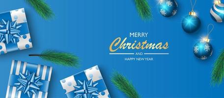 ontwerp van de achtergrond van de banner van Kerstmis, giftendoos op blauwe achtergrond, de achtergrond van de Kerstmisdekking,, wenskaart, vectorillustratie vector