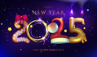 gelukkig nieuw jaar en vrolijk Kerstmis 2025 vector illustratie van kaarsen, confetti, lichten en koekjes. eps 10