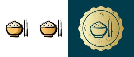 dit is een set van gekookte rijst retro, contour, verloop iconen. dit is een gouden sticker, een etiket van een kopje rijst en eetstokjes. stijlvolle oplossing voor verpakking en website-ontwerp. ronde grunge gouden stempel vector
