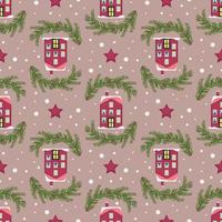 naadloos patroon met feestelijke kersthuizen, boomtakken en sneeuwvlokken op roze achtergrond. heldere print voor het nieuwe jaar en de wintervakantie voor inpakpapier, textiel en design. vector